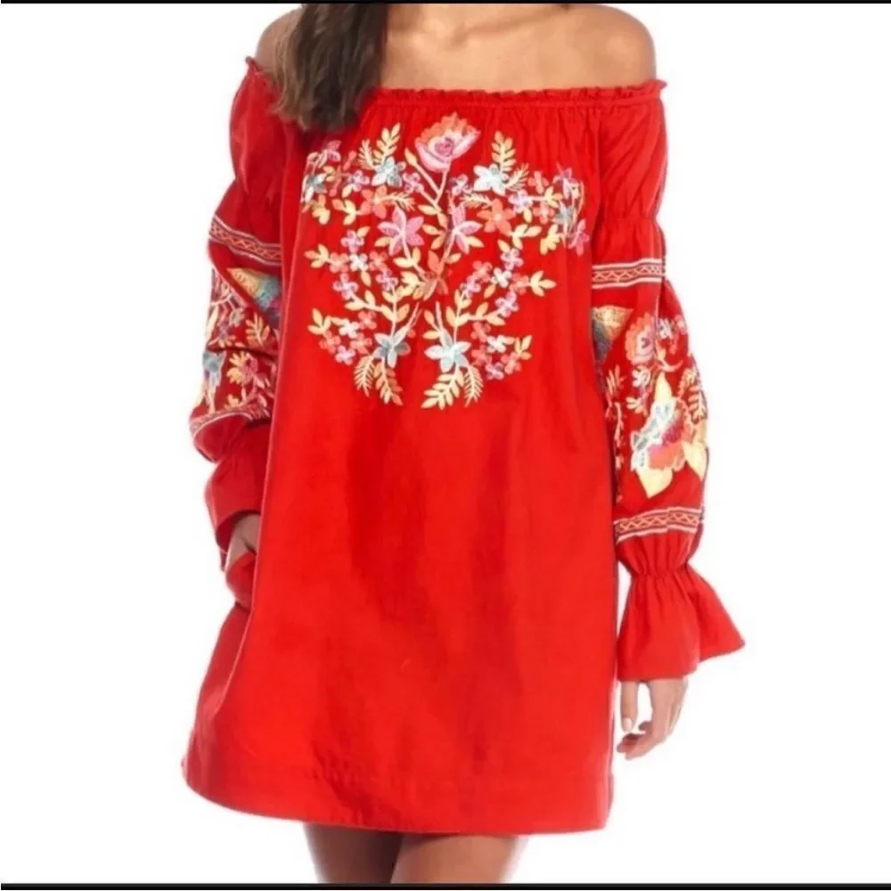 Free People Fleur Du Jour Embroidered Mini Dress in Red